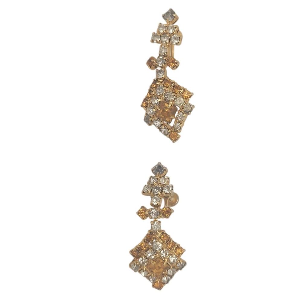 Vintage Amber Rhinestone Drop Earrings Gold Tone Glam‎ Statement
